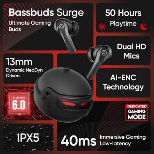 pTron Bassbuds Surge TWS Gaming Earbuds, 40ms Low-Latency, 50Hrs Playtime, Custom EQ, App Support, Dual Mic TruTalk AI-ENC Clear Calls, Pristine Sound, Bluetooth V6.0, IPX5 Water Resistant (Jet Black) 2