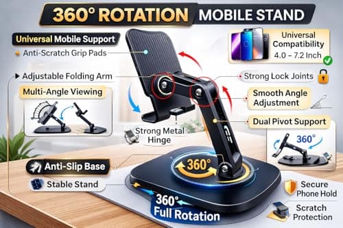 Adjustable Mobile Stand for Desk | Foldable Phone Holder with 360° Rotation | Multi-Angle Viewing, Anti-Slip Base | Portable Stand for All Smartphones (Black) | Mobile Stand for Online Class 4