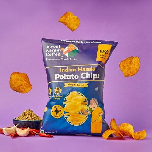 Sweet Karam Coffee Potato Chips | Indian Masala Flavor – Pack of 4 (60g each) | No Palm Oil & Preservatives | Handcrafted Crispy Potato Wafers | Authentic South Indian Crunchy Tea-Time Snack 5