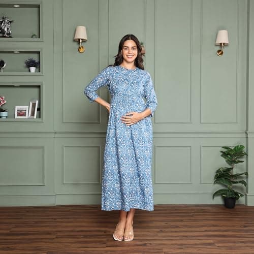 MomToBe Women's Cotton Maternity Dress with Zippers for Nursing Pre and Post Pregnancy (in, Alpha, L, Regular, Cornflower Blue) 3