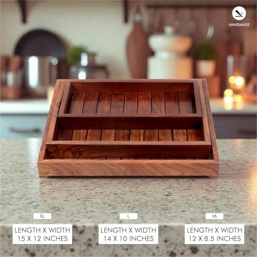 Creation India Craft Sheesham Wood Serving Trays for Dining Table Rectangle Shape Tray for Breakfast Coffee Serving Tray Set of 3 Simple and Looking for Home Decoration 3