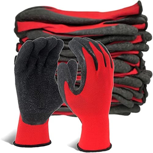WISHPOOL Nylon Latex Coated Firm Grip Industrial Safety Work Cut Resistant Gloves, Red- 5 Pairs.