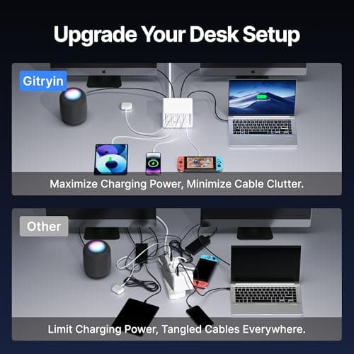 Gitryin 12-in-1 Desktop Charging Station with 3 Retractable Type-C Chargers and 1 Lightning Charger, 40W USB-C Power Strip with 31.5in Cable, Extension Cord with 1020J Surge Protection for Home Office 3