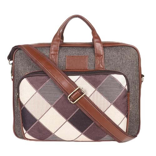 Zestale Checkered Messenger Bag with Faux Leather Trim, Brown, Crossbody Laptop Bag with Adjustable Shoulder Strap