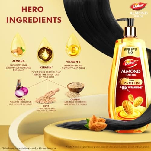 Dabur Almond Hair Oil - 650 ml|Provides Damage Protection|Non Sticky Formula|For Hair Fall control & Shiny Hair|Light Hair Oil with Almonds, Keratin Protein, Soya Protein & 10X Vitamin E (Pack of 1) 4