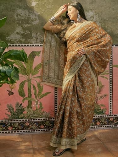 SIRIL Women's Cotton Printed Saree with Unstitched Blouse Piece (5203S642_Dark Mustard) 3