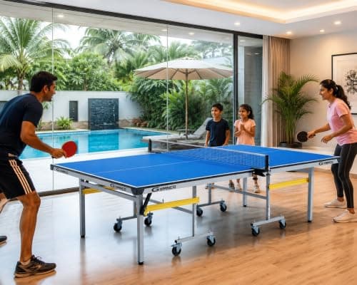 GYMNCO Perfect Plus Wood Table Tennis Table with Levellers Top 19 mm (TT Table Cover + 2 TT Racket & Balls +Yoga Mat) (Blue) (19 MM New Perfect Plus) (Grey) 2