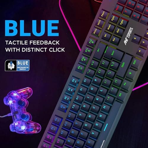 Ant Esports MK3400 V3 Pro Mechanical Gaming Keyboard RGB LED 104 Keys Blue Switch Anti Ghosting Full Size Wired USB PC Keyboard Removable Double Shot Keycaps Ergonomic for PC, Laptop and Mac (Black) 3
