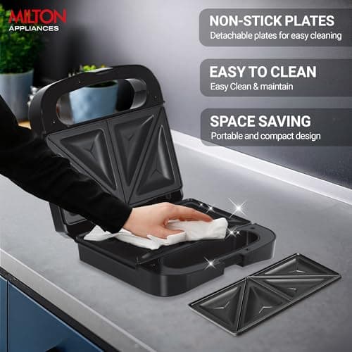 Milton Sandwich Maker HSM011, Sandwich Griller and Toaster, 750 Watt Sandwich Maker Electric Griller for Home, Non Stick Coated Dual Grill Sandwich Plates for Sandwiches, 2 Year Warranty, Black 3