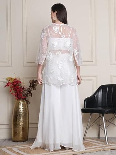 Inara, Relaxed Fit embroided Net Indo western Kurta set (White) 3