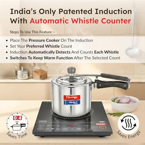 Prestige PIC 6.1 V3 2200 Watts Induction Cooktop | Patented Automatic Whistle Counter | 4KV Surge Protection | 7 Preset Indian Menu Options With Timer | Touch Button | Black | 1Y Warranty | BIS 3