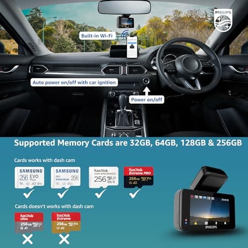 Philips GoSure 5101 Dash Cam for Car | 2K QHD 1600p Sony STARVIS IMX335 | 135° Wide Angle | Night Vision | G-Sensor | Loop Recording | Wi-Fi App | Car Camera Recorder 5