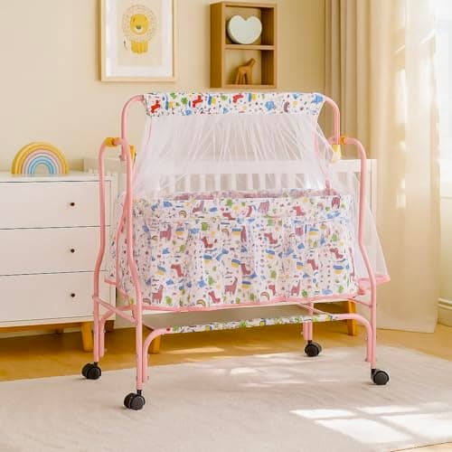 Amazon Brand - Supples Baby Cradle with Swing & Mosquito Net | 0–8 Months | Swing Lock | 4 Wheels with Brake | Soft & Comfortable for Baby Sleep | Sturdy Mild Steel Frame | Pink