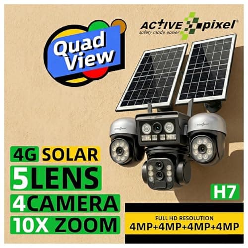 Active Pixel 4G 4MP Solar Security Outdoor 4 Camera Setup with 10X Zoom PTZ Main Lens 360° Pan Tilt | Dual Screen View | SIM Supported No WiFi CCTV | Color Night Vision | AI Motion Detection - H7 2
