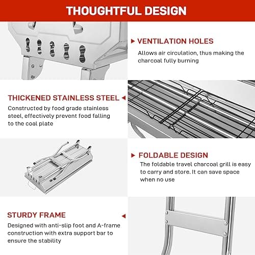 VBM Portable Charcoal Grills,Outdoor (47Cm) Folding Barbecue Grill, Stainless Steel Foldable BBQ Grill Set w/Spice Plate & Holder,Large Kabob Smoker Grill for Cooking Camping Picnic Garden Party 4