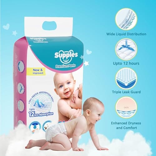 Amazon Brand - Supples Premium Baby Diaper Pants | 54 Baby Diapers | XL | 12-17 Kg | 12 Hrs Absorption | Cushiony Cotton Soft Fabric | Phthalates-Free | Triple Leak Guard 4
