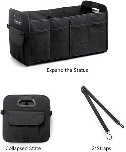 XBEY Car Trunk Boot Organizer Collapsible Multi-Compartment Car Storage Waterproof 600D Oxford Polyester Reinforced Handles suitable for any Car Suv Sedan Minivan Anti Slip Bottom (Black) 2