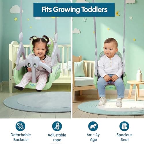 Amazon Brand - Supples Baby Swing for Kids | Non-Toxic Plastic | Indoor & Outdoor Use | Adjustable Design with Safety Belt | Age 6 Months to 4 Years | Green & Grey 3