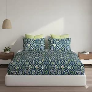 DECOMIZER Cotton Feel Glace Cotton Elastic Fitted Printed King Size Double Bed Bedsheet with 2 Large Pillow Covers Fits Upto Mattress of 8 Inches,Size - 72 x 78 x 10 Inches,Navy Jaipuri