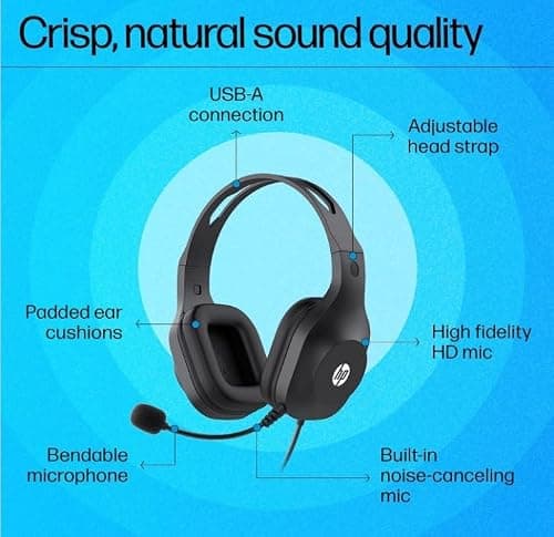 HP H125 Stereo USB Headset,Plug-and-Play USB-A, Built-in Noise-canceling mic, Adjustable Head Strap, Padded Ear Cushions, 360-degree Bendable mic, 1-Year Limited Warranty, Black, A20QHAA 4