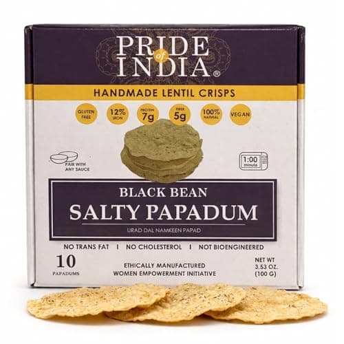Pride of India Salty Black Bean Papadum – 10 Count (3.5 oz/ 100g) | Namkeen Papad (Lentil Crisps) | Easy to Cook, Light & Crunchy Poppadom Crackers | Gluten-Free, Vegan, Healthy Protein Snack