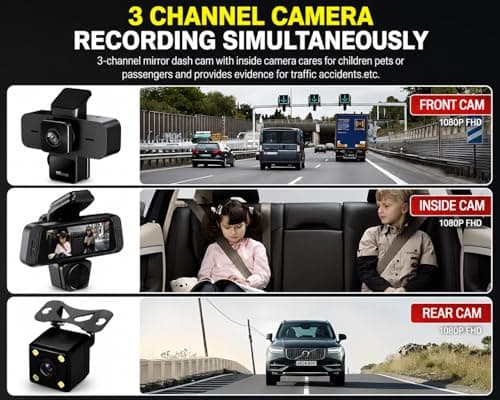 BLUHAWK 3 Channel Dash Cam for Car with Front Inside Rear Camera, FHD 1080P Recording, 170° Wide Angle, G-Sensor, Loop Recording, Night Vision, Supports 64GB Class 10 Card, Car DVR Camera for Cars 2