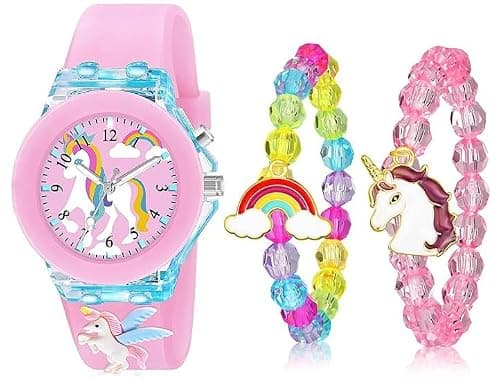 Acnos Kids Unicorn Cartoon Watches with Matching Rainbow & Unicorn Bracelets – Cute Waterproof Analog Watch Gift Set for Girls