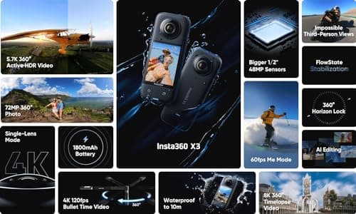 insta360 X3 Action Camera, 1/2" Sensor, 5.7K 360 Capture, Optical Zoom 3X, 72 MP 360 Photo, 4K Single Lens Mode, Black 2