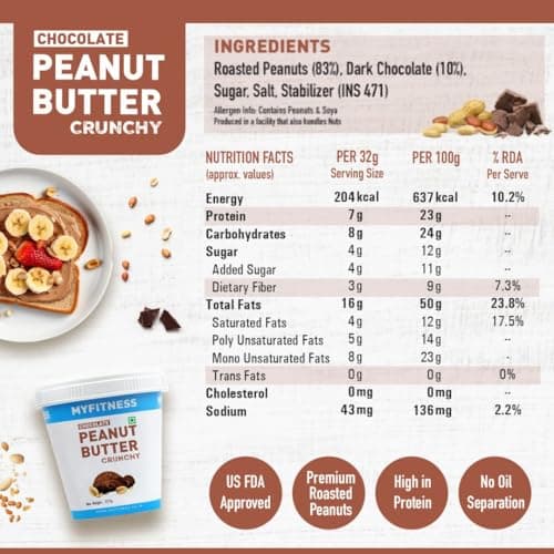 MYFITNESS Peanut Butter Chocolate Spread Crunchy 227g | 23g Protein & 9g Fiber | Healthier Nut Butter Spread for Breakfast, Snacks & Bread Treats | Cholesterol Free | Zero Trans Fat 2