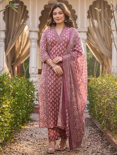 Arayna Women’s Cotton Printed Kurta Set with Pants & Dupatta | Elegant Ethnic Wear for Women | Floral Print | Comfortable Suit Set, Mauve Pink, X-Large 2