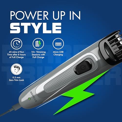Havells Bt5100C Rechargeable Beard Trimmer with Hypoallergenic Blades; Zero Trim with 0.5 Mm Precision;Upto 17Mm Length Setting for All Styles; 45 Min Runtime,Battery Powered Black & (Grey)-Men 4
