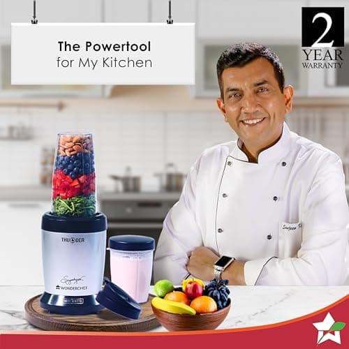 Wonderchef Nutri-Blend Thunder, 22000 RPM Mixer-Grinder, Blender, Stainless Steel 6-Blade Assembly, 2 Unbreakable Jars, 2 Years Warranty, 1000W - Silver, Online Recipe Book By Chef Sanjeev Kapoor 2