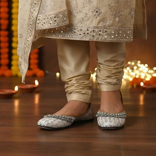 DFR Women Comfortable Cushioned Traditional Ethnic Rajasthani Embroidered with Payal Punjabi Style Mojari Jutti Fancy Bellies Shoe Woman Cream1, UK Size 8 2
