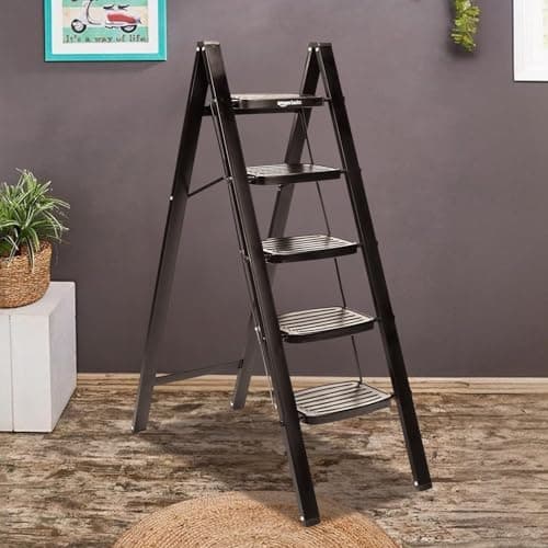Amazon Basics Clamber Max - Non-Trip and Flat-Foldable Step Ladder, with Anti-Skid Steel Steps, 5 Steps (Steel, Matte Black)