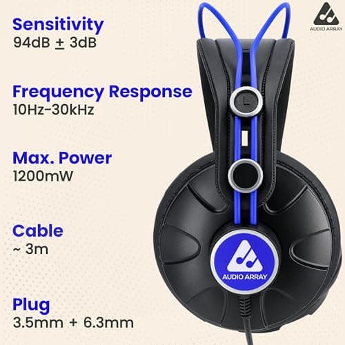 Audio Array AH-60-BL, 60Ω, Professional Monitoring Headphones | 53mm Drivers | 10Hz–30KHz | 105dB SPL | Closed-Back, DJ & Studio | 3m Cable with 3.5mm & 6.3mm Plugs (Blue) 4