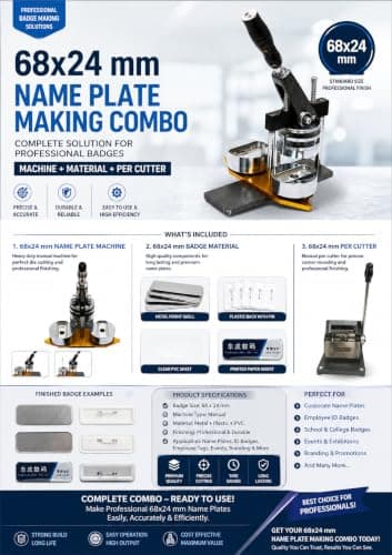68x24mm Name Plate Making Machine || Metal Body Machine with Paper Cutter 72x28 Size || Includes Machine, User Manual, Allen Key Tool || Include 100 pcs Plastic pin Badges 68x24mm Size