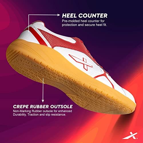 Vector X Ranger Badminton/Court Shoes Plus Non Marking Crepe Rubber Outsole, Lightweight & Comfort Shoe Best for Squash, Table Tennis,Volleyball, Basketball & Indoor Sports (White-Red) Size 5 4