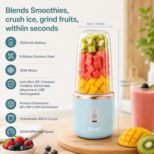 Juicer for Home ^ CITRODA Juicer Mixer Grinder with 1500mAh Battery, 6 Blades 3Gears Fast Blending, 2-Jar Capacity (400ml*2) | 40 Watts Bullet Rechargeable Portable Personal Juicer (Skyblue) 5