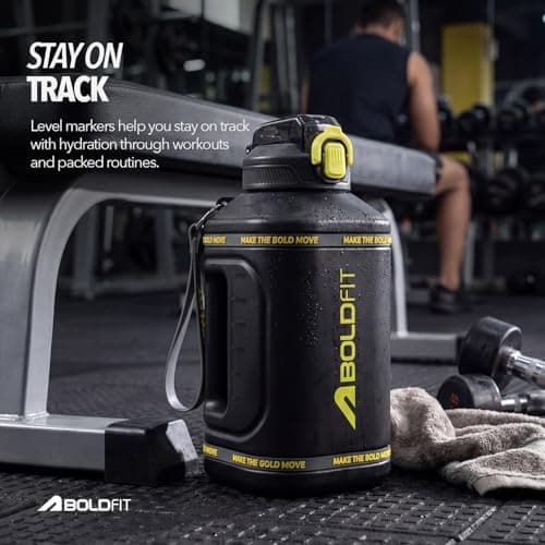 Boldfit 1500ml Gallon Water Bottle for Gym- Motivational Sipper with Level Markings, Leakproof Sports Bottle with Easy Carry Handle for Men & Women, Black- 1.5L 5