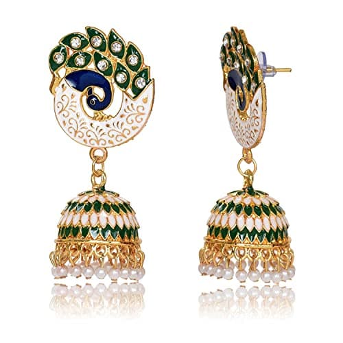 Nilu's Collection Party & Wedding Collection Peacock Shape Jhumka Earrings for Women and Girls (Beige & Red) (Green) 3