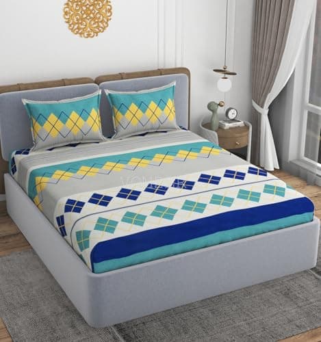 VOMZER 320 TC Cotton Feel All Around Elastic Fitted Printed Bedsheets King Size, Premium Elastic Fitted King Size Bed Sheet for Double Bed with 2 Pillow Covers, Size- 78 x 72 (Blue Box) 2