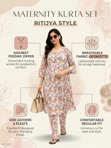 RITIJYA Polyester Feeding Kurta Pant Set for Women | Floral Anarkali Pregnancy Dress with Concealed Nursing Zipper Side Pocket | Pre & Post Partum | Maternity Baby Shower Outfit(9325_42, Pink Peach) 3