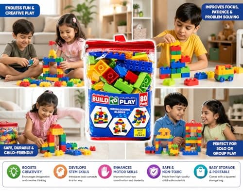 Negi Build to Play Interlocking Blocks Set – 80 Pieces Large Building Blocks for Kids 3+ Years, Creative Construction Toy, Educational STEM Learning Bricks. 4