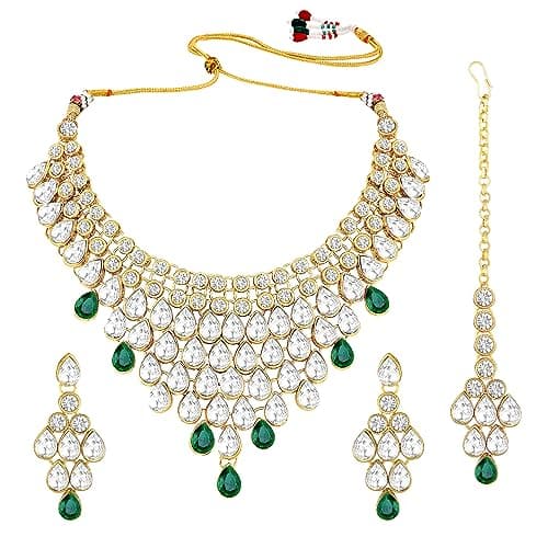 Peora Gold-plated Brass and Kundan Jewellery Set With Earrings Mang Tika for Women & Girls (Green) 5