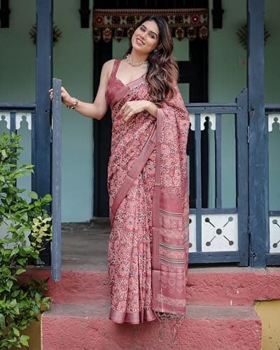 Kaugalian store Linen Cotton Traditional Printed Maroon Saree For Women With Unstitched Blouse Piece 5
