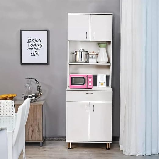 Alpine Willow Tall Kitchen Storage Cabinet (DIY-Do it Yourself Assembly) White Microwave Stand with Shelves I Double Door Pantry Unit I Hutch I Crockery Cabinet I Crockery Unit I Oven Stand