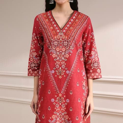 Biba Women Red Cotton Straight Printed Kurta Set_36 2