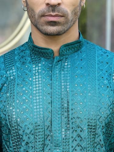 KRAFT INDIA Men Silk Rayon Ethnic Motifs Embroidered Mandarin Collar Sequinned Teal Blue Kurta with Elastic Waistband White Pyjama 2
