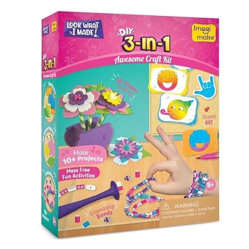 Imagimake 3-in-1 Awesome Craft Kit - Kids Arts and Crafts - Arts and Crafts for Kids Ages 6-8 - 3D Flower Making, Paper Quilling Kit, Stamps - Gifts for 5, 6, 7, 8 Year Old Girls