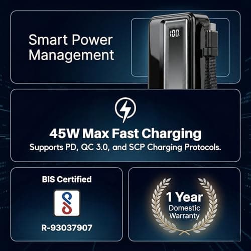 Philips DLP2721NB/94 20000mAh 45W Fast Charging Power Bank with Built-in Type-C Cable (Dark Slate) | Digital LED Display | Lithium Polymer | 2 Type-C & USB-A | Pocket Size | Compact & Travel-Friendly 5